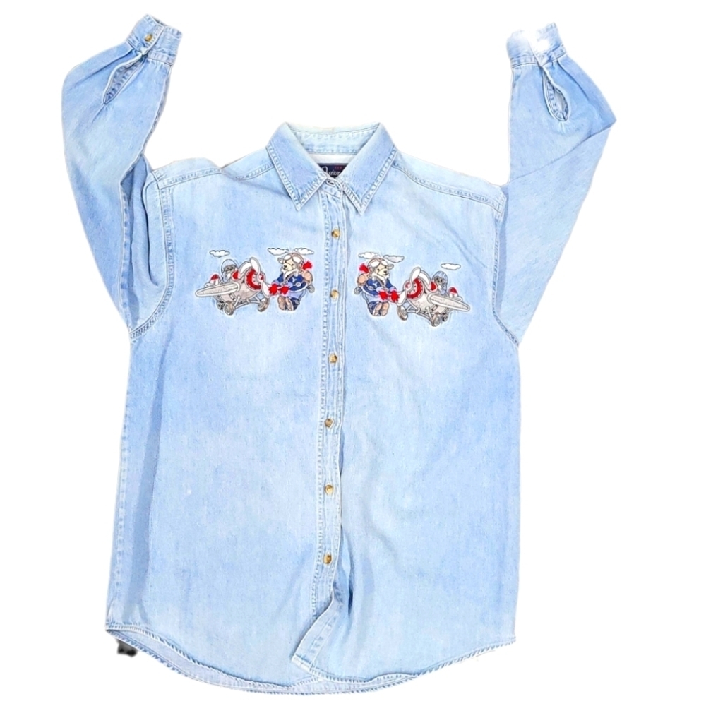 Lets Quizz Again New York Denim Long Sleeve Embroidered Flying Bear Women's Sz S - Picture 6 of 9